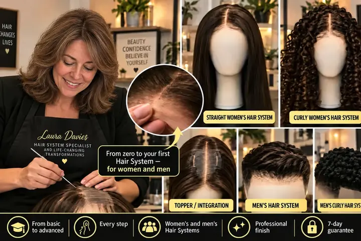 Laura Davies, Hair System specialist, working on a Hair System, next to examples of straight and curly women’s systems, a topper/integration piece, and men’s Hair Systems