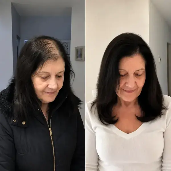Before and after of a women’s Hair System: low-density hair before, full volume after